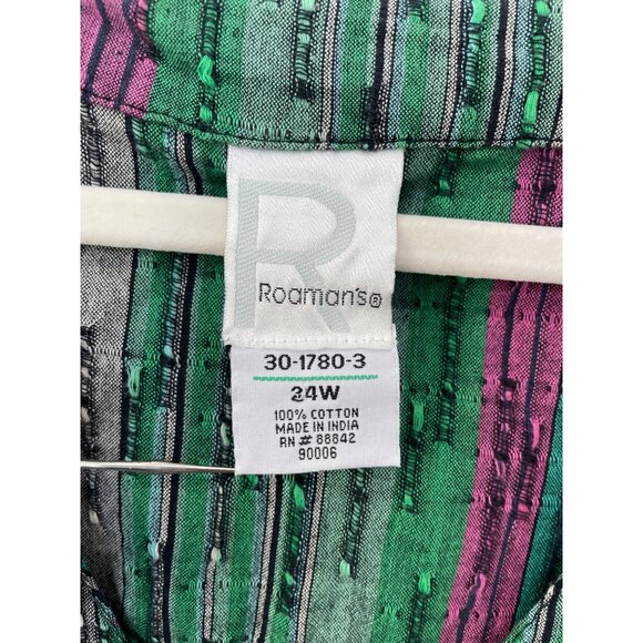 Roamans Tunic Shirt Plus Size 24W Striped V Neck Button Front Green Pink Classic - Picture 3 of 6